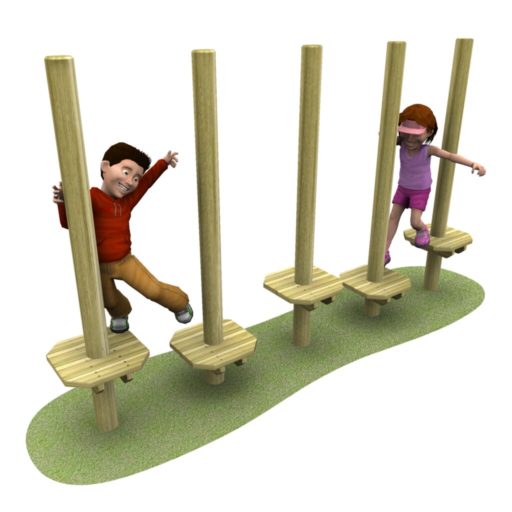 Two children balancing on a playground structure with wooden stepping platforms and vertical poles on a patch of grass.