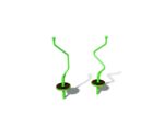 Two abstract green sculptures with circular bases, featuring twisted, upright rods ending in small spheres, set against a white background.