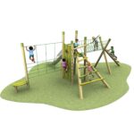 Children are playing on a wooden outdoor climbing structure with rope nets and ladders on a grass-covered surface.