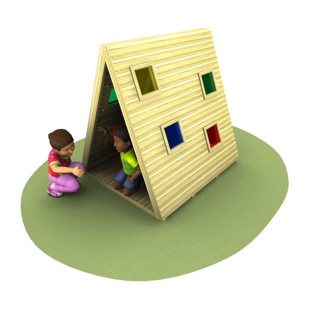 Two children play near a small, triangular wooden playhouse with colourful square windows, set on a green circular mat.