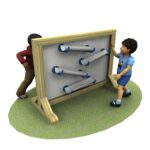 Two children are playing with a wooden wall-mounted marble run featuring angled tracks, on a grassy surface.