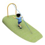 A child plays with a flexible blue rod, pushing it through a curved orange frame on a small grassy platform.