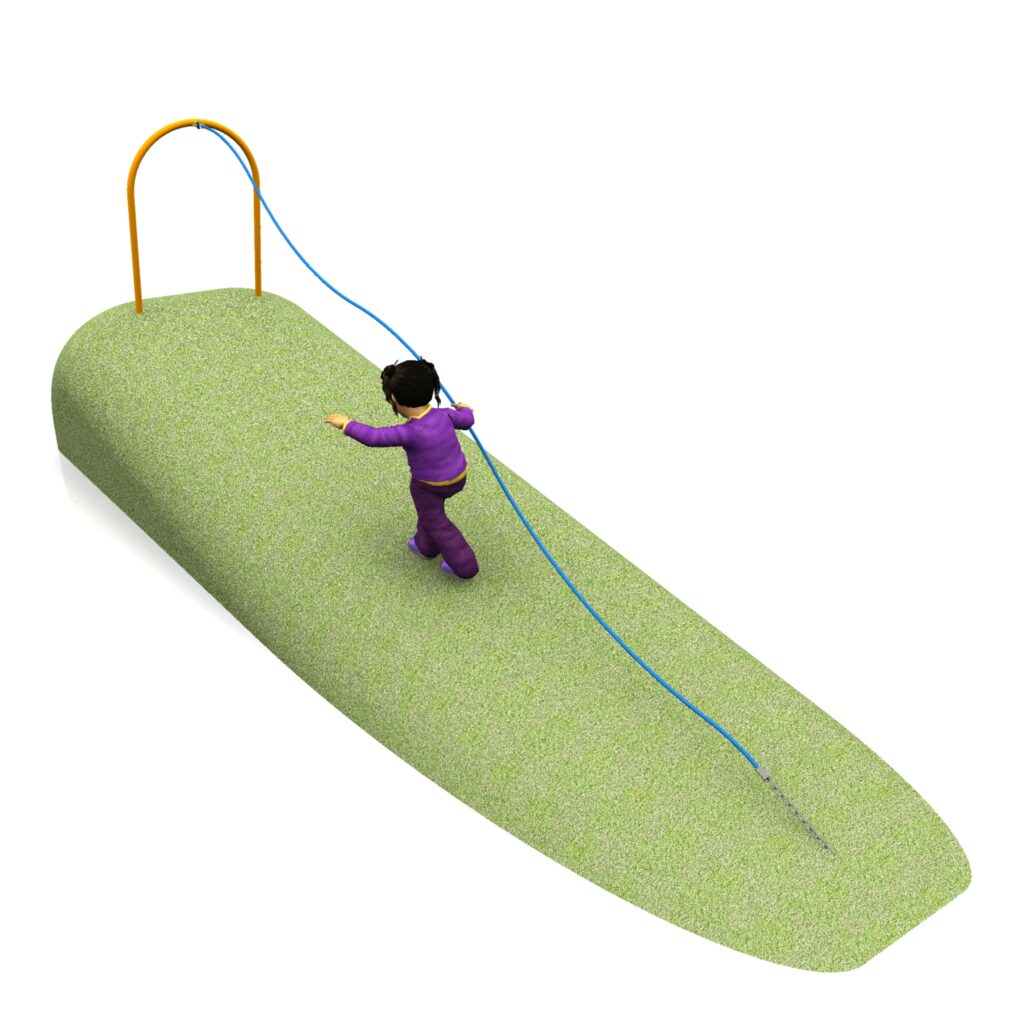 A person in purple descends a ramp using a blue rope for balance. The ramp appears grassy, and a metal arch is visible at the top.