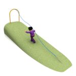 A person in purple descends a ramp using a blue rope for balance. The ramp appears grassy, and a metal arch is visible at the top.