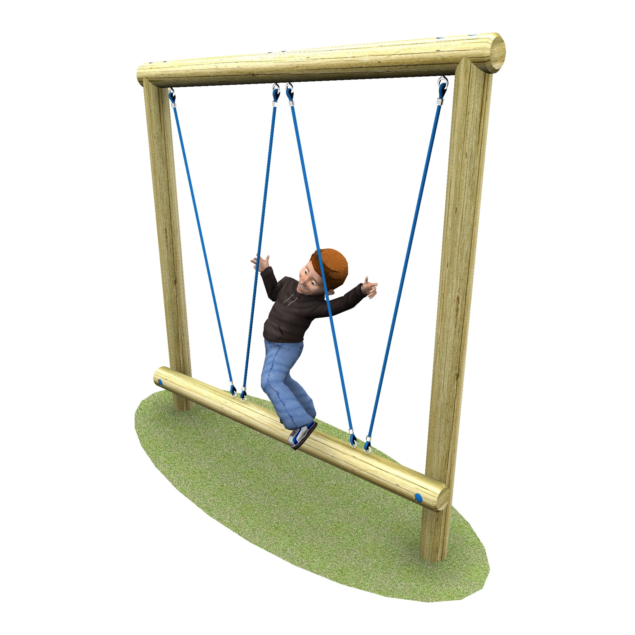 Child balancing on a wooden beam with blue ropes in a playground setting.