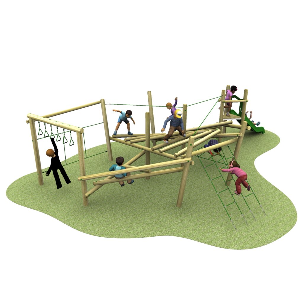 Children playing on a wooden jungle gym with climbing nets and monkey bars on a grassy area, while others line up for their turn on the exciting 8 Poly Slide.