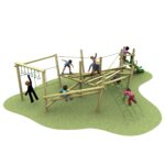 Children playing on a wooden jungle gym with climbing nets and monkey bars on a grassy area, while others line up for their turn on the exciting 8 Poly Slide.