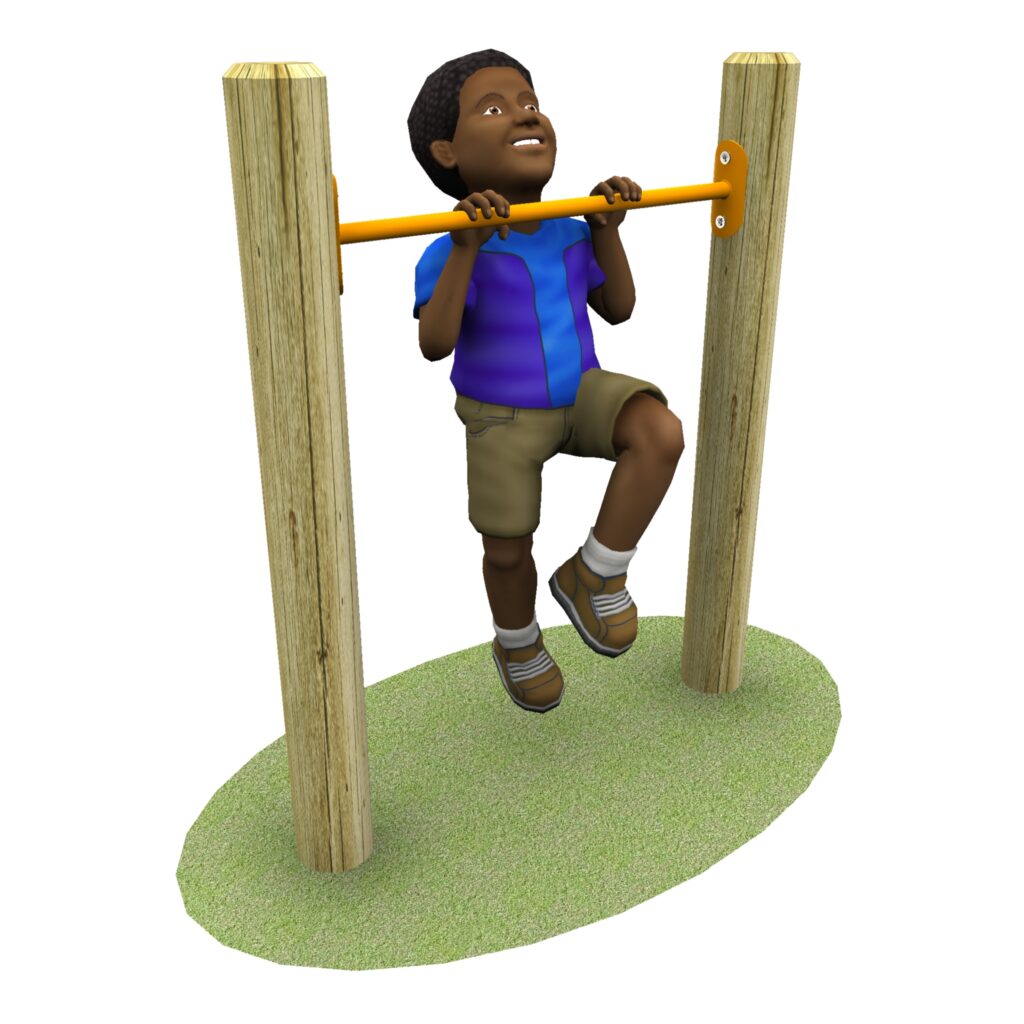 A child is doing a chin-up on an outdoor pull-up bar. The child is wearing a blue and purple shirt, beige shorts, and brown shoes.