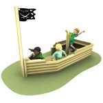 Three children play in a wooden pirate ship playground structure with a black pirate flag, set on a green patch of ground.
