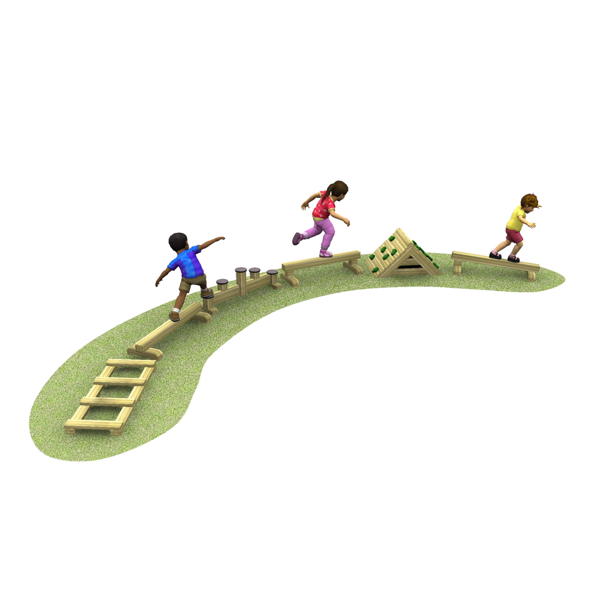 Three children play on a wooden balance obstacle course set on a grassy area, each navigating different sections of the structure.