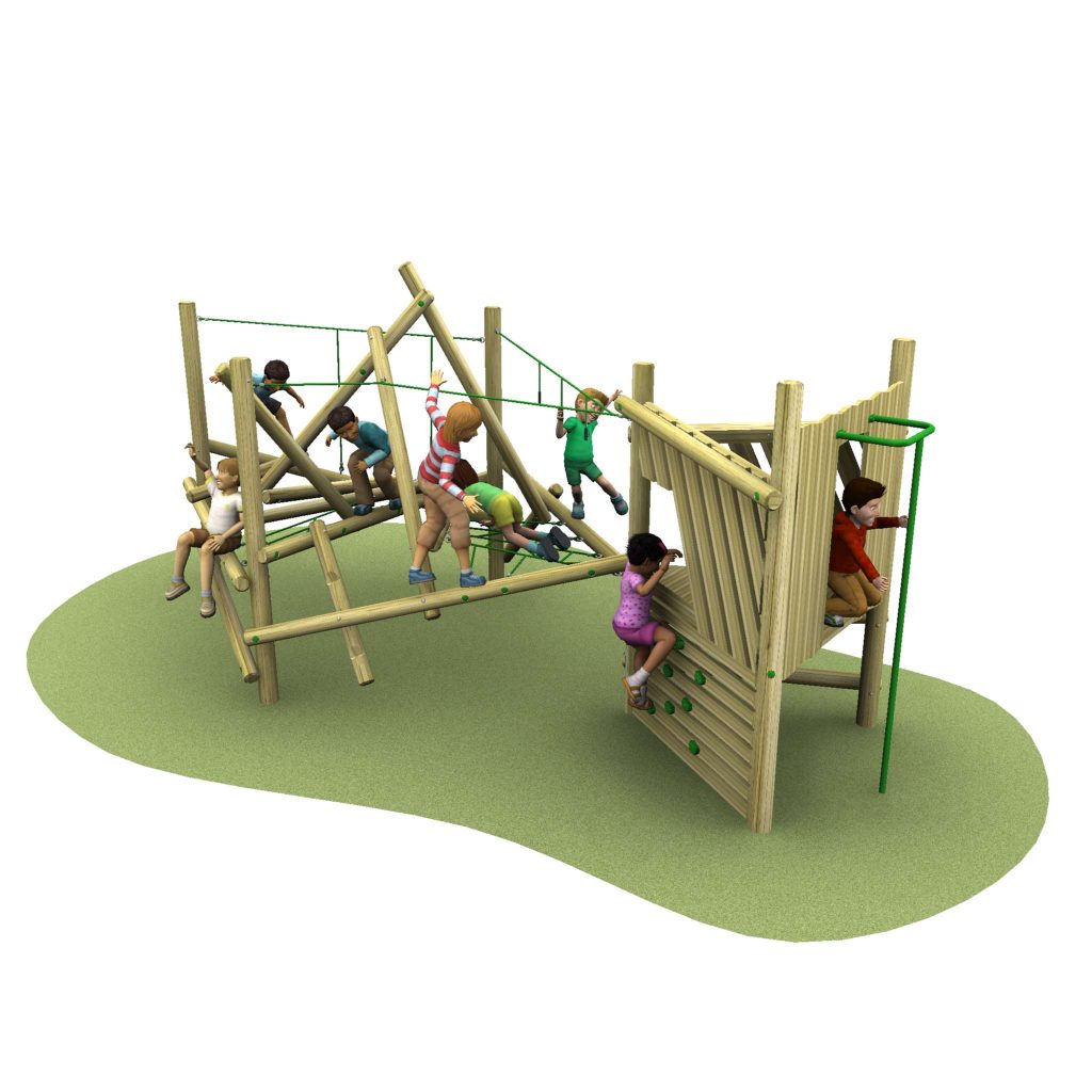 Several children are playing on a wooden climbing frame with ropes and a climbing wall, set on a grass-like surface.