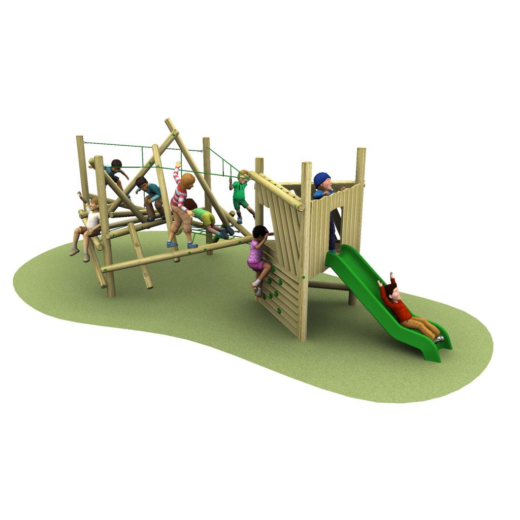 Children play on a wooden playground structure with climbing ropes, a climbing wall, and a green slide, set on a patch of artificial grass.
