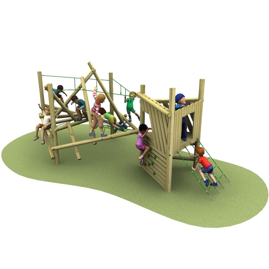 Children climb and play on a wooden playground structure with ropes, ladders, and platforms on a green surface.