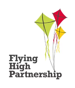 Logo with three colourful kites above the text Flying High Partnership in bold letters.
