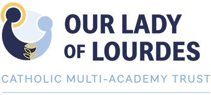 Logo for Our Lady of Lourdes Catholic Multi-Academy Trust, featuring abstract figures, a small plant, and the organisation’s name in bold letters.