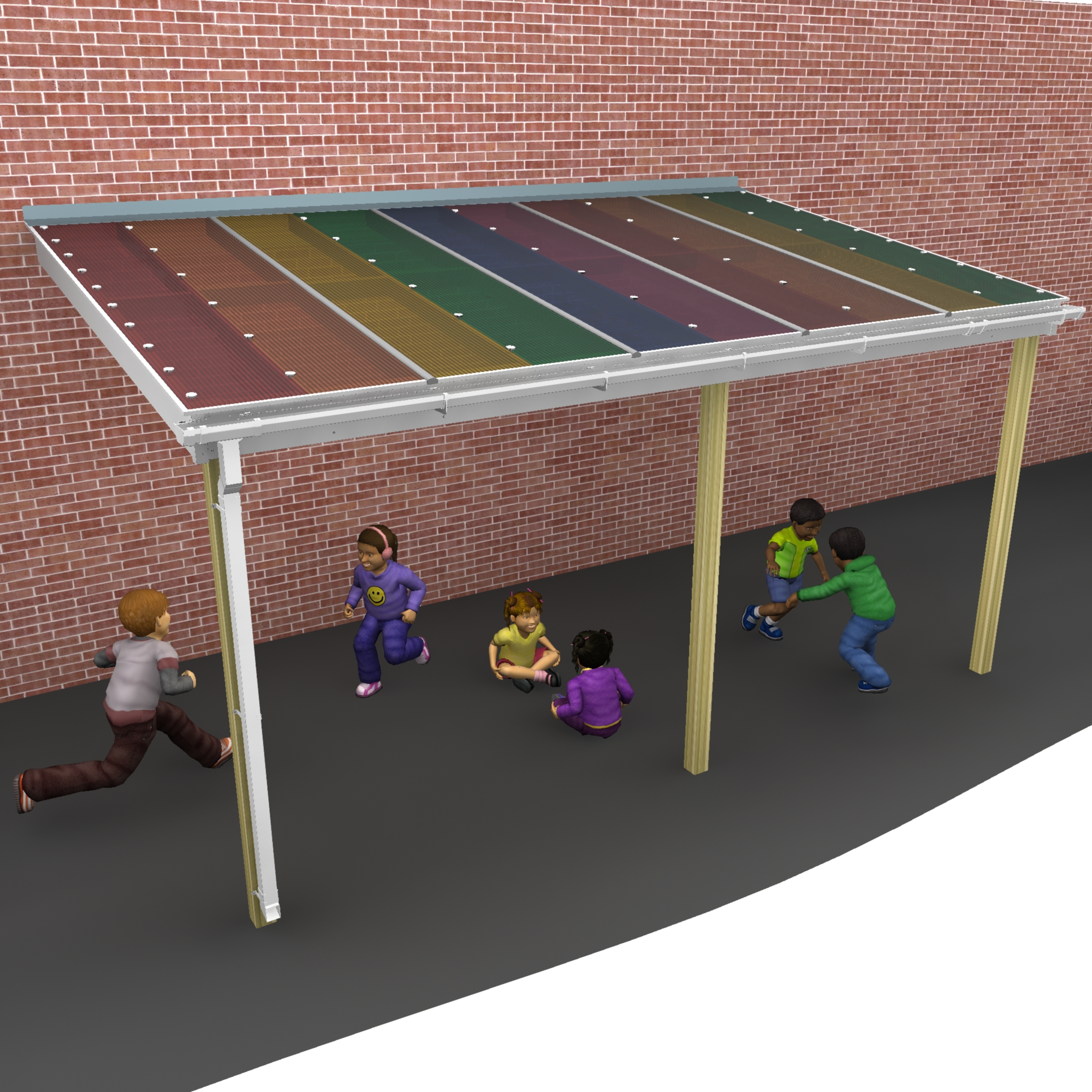 Five children are playing under a vibrant Rainbow Canopy attached to a brick wall at school. Three are running in free flow while two sit on the ground, enjoying the colorful shelter.