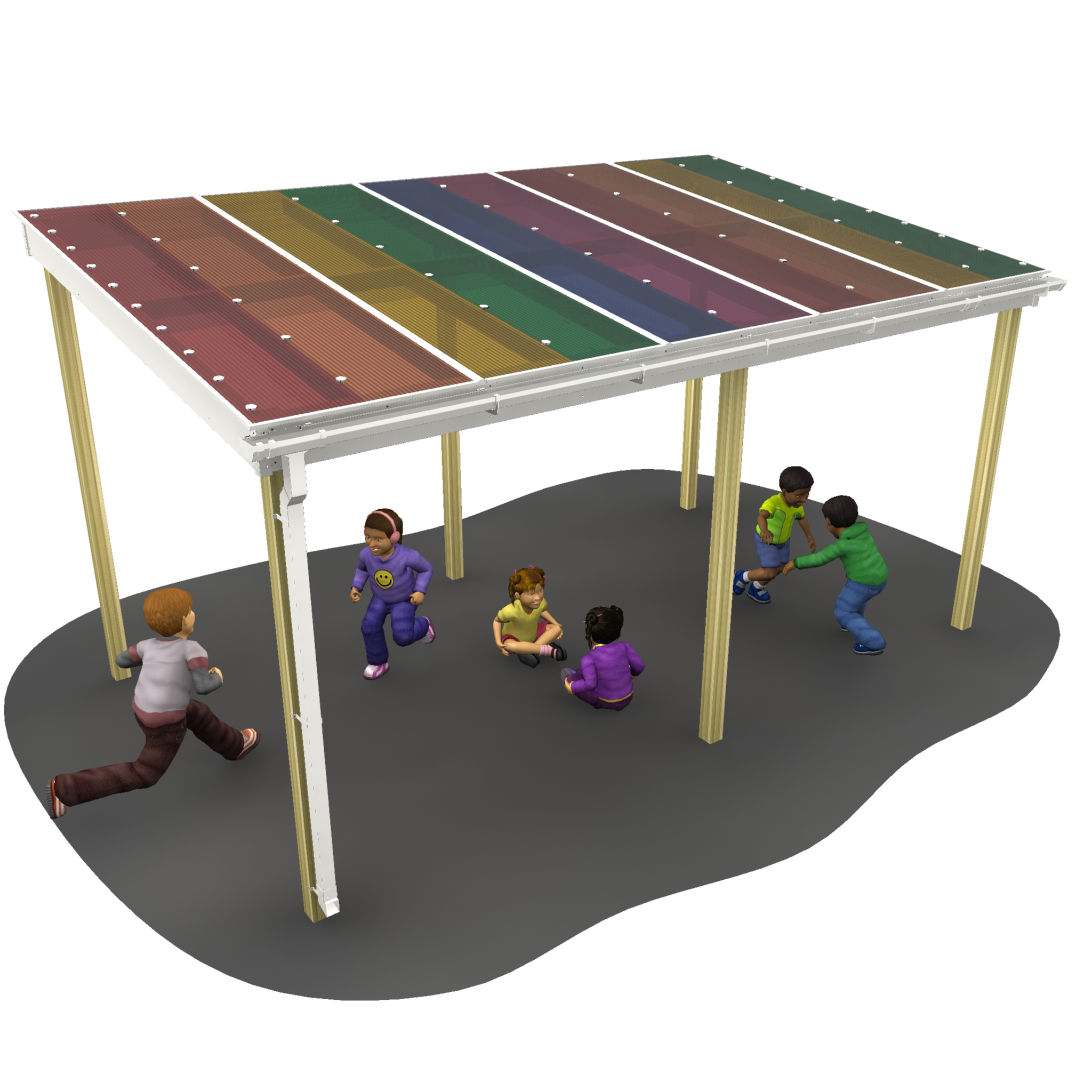 Children play and relax beneath a School Outdoor Rainbow Shelter, its vibrant, multicolored roof and sturdy wooden posts brightening the gray surface below.