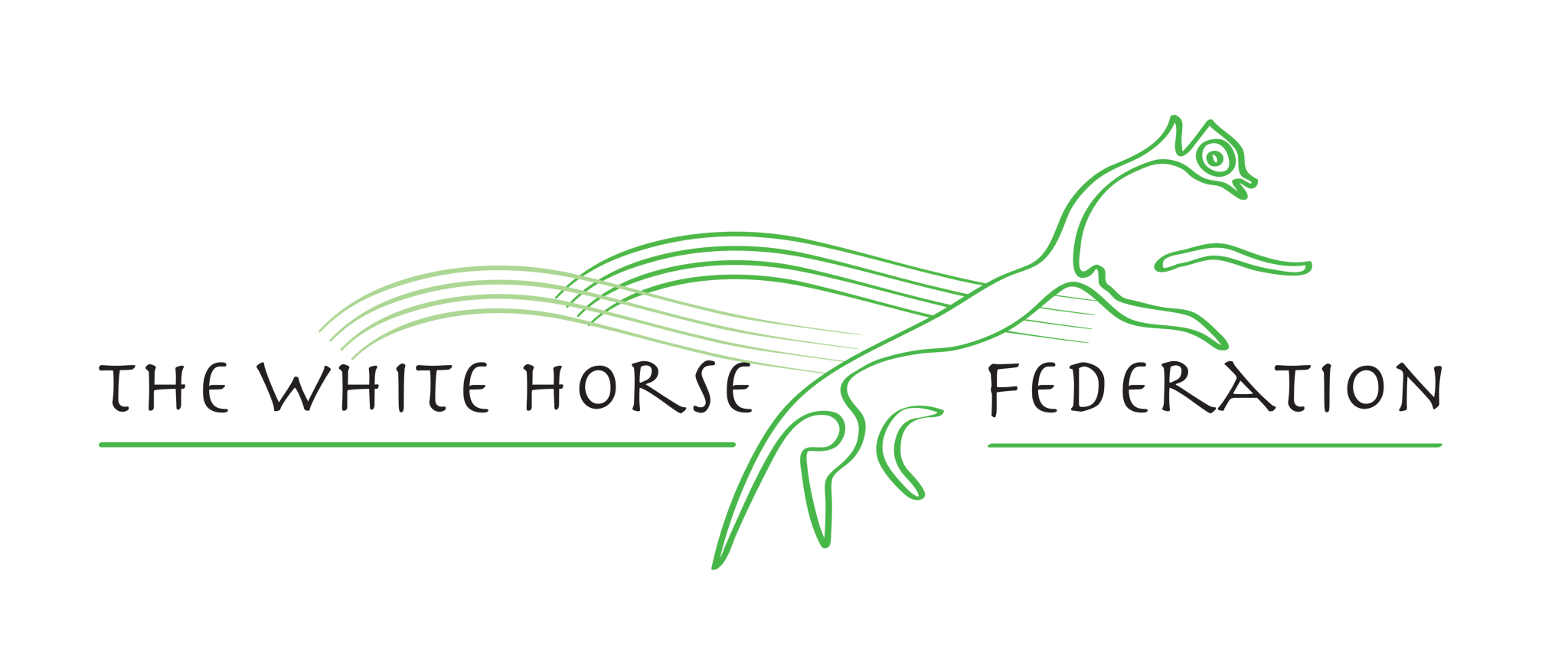 Logo for The White Horse Federation featuring a green outlined horse with stylised lines above, and the organisation's name in black text below.