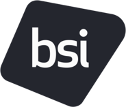 Black tilted square with lowercase white letters bsi centred inside.