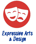 Two theatre masks, one smiling and one frowning, inside a red circle above the text Expressive Arts & Design in blue letters.