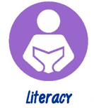 A white figure holding an open book inside a purple circle, with the word Literacy written below in blue text.
