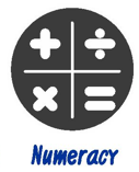 A black circle with white maths symbols—plus, division, multiply, and equals—divided by lines, with the word Numeracy written below in blue text.