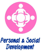 Pink circular icon showing four abstract human figures in a circle, with the text Personal & Social Development below in blue letters.
