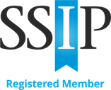 SSIP logo with the letters SSIP in black and a blue ribbon behind the I. Text below reads Registered Member in blue.