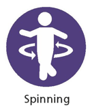 White stick figure spinning with curved arrows around its waist on a purple circle background. The word Spinning appears below the image.