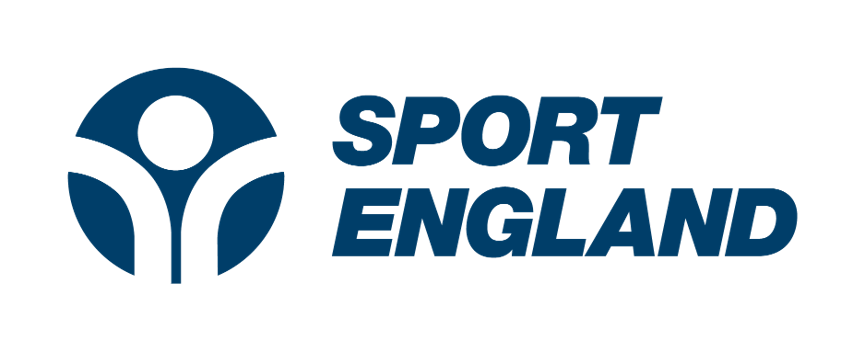 Sport England logo featuring a stylised human figure with outstretched arms inside a circle, next to the text SPORT ENGLAND in bold blue letters.