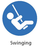 Blue circular icon showing a simplified white figure sitting on a swing, with the word Swinging below.