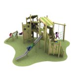 Children playing on a wooden playground structure with slides, climbing walls, and rope elements, set on a grassy surface.