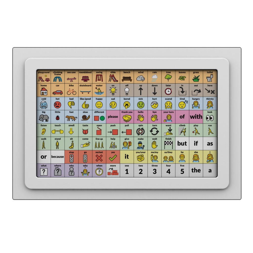 Tablet displaying a colorful communication board with symbols and words organized in a grid, used for augmentative and alternative communication (AAC).