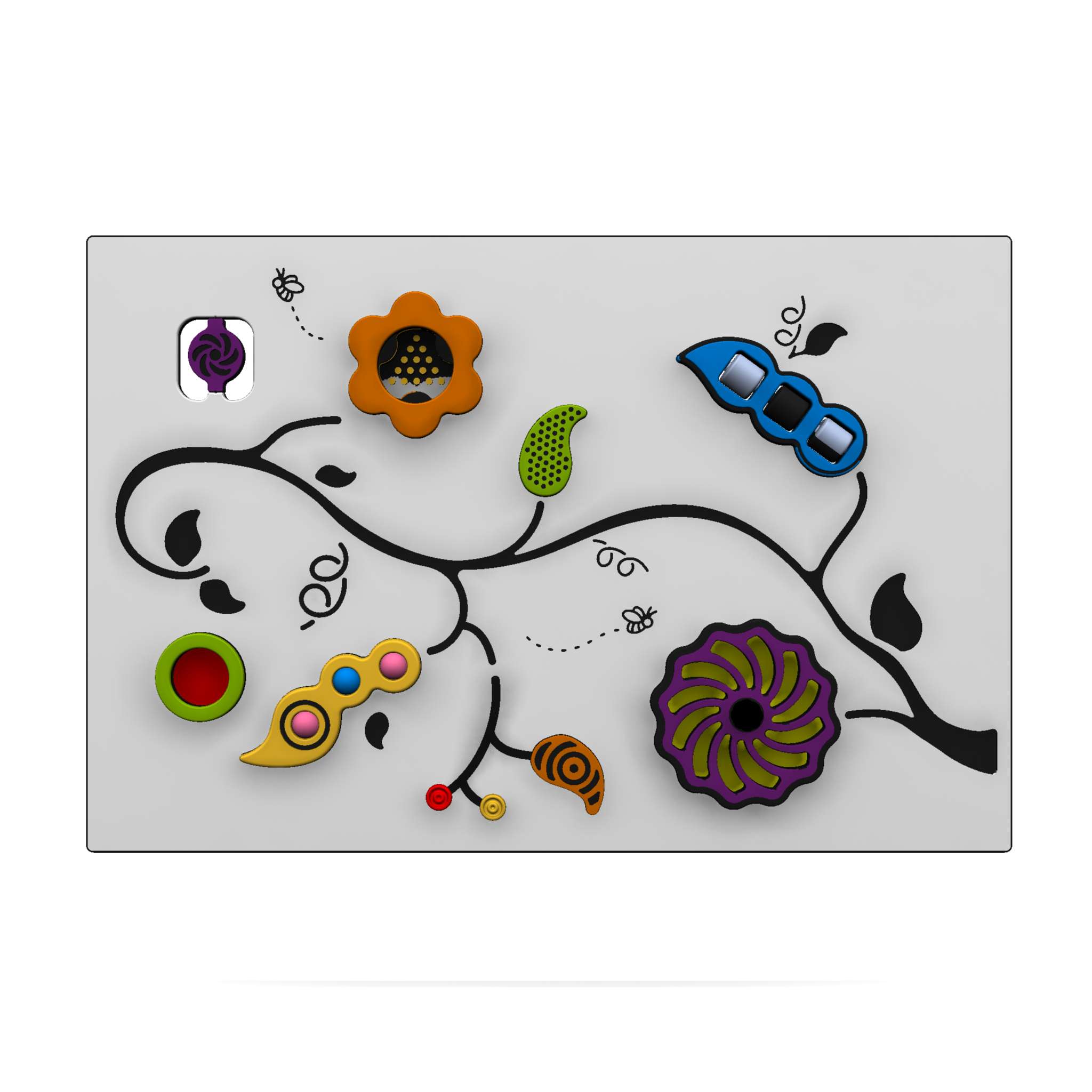 A rectangular white board features a black vine with colorful, abstract floral and geometric shapes attached to it.