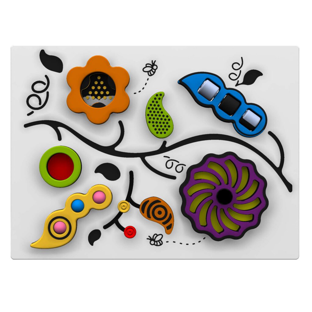 Colorful interactive activity wall panel for children featuring flowers, pods, gears, and textured shapes on a white background with black vine and leaf designs.