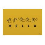 Yellow background with the word HELLO spelled out in both British Sign Language hand signs and black letters.
