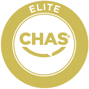 Gold circular badge with the word ELITE at the top and CHAS in bold letters in the centre.