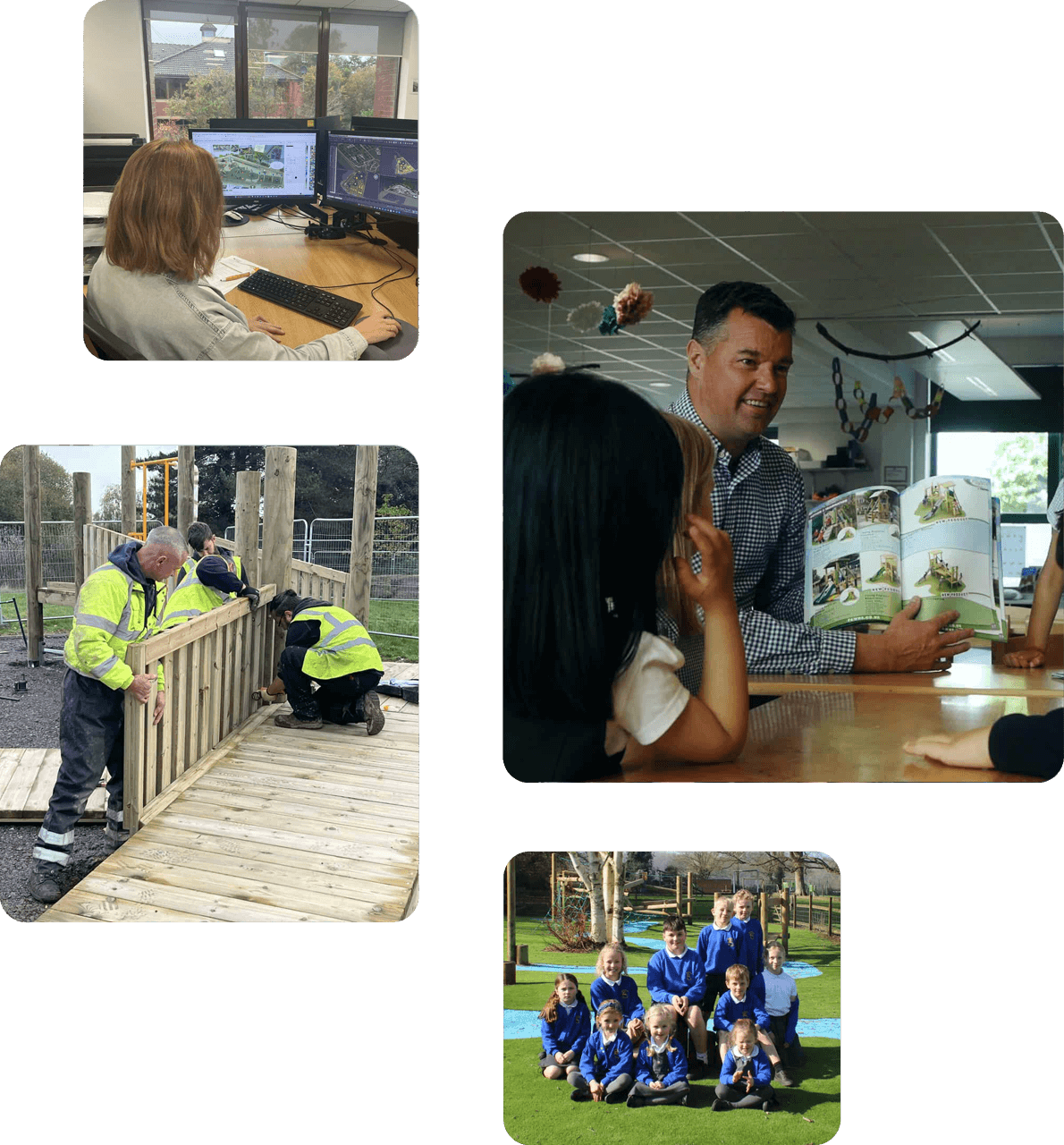 A collage showing a person working at a computer, workers building a fence, a man reading to children, and a group of children and adults posing outdoors.