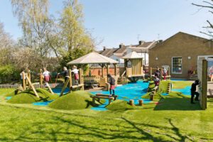 Children play on a colourful outdoor playground with climbing structures, slides, and grassy areas, next to a brick building on a sunny day.