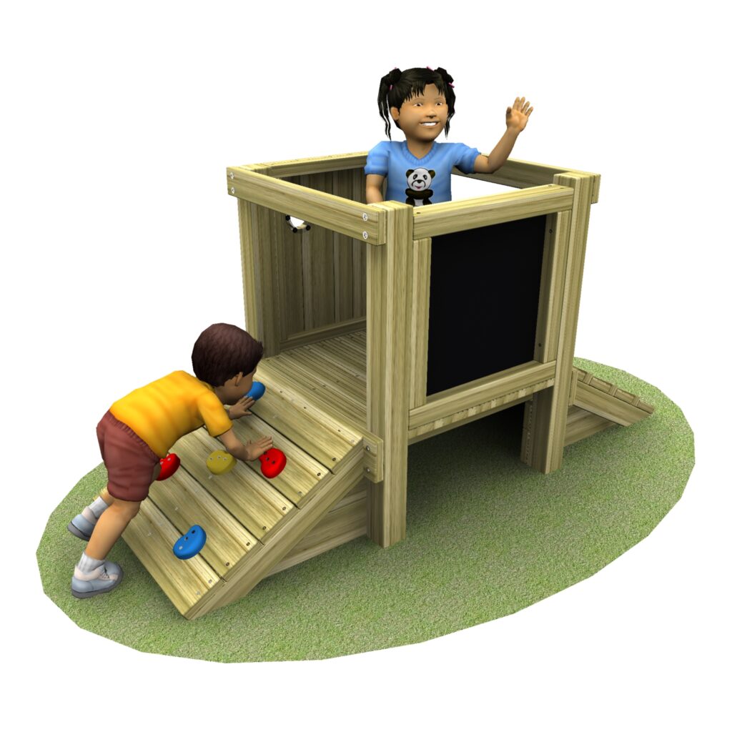EYFS Tower 1 with climbing wall. Child with orange jumper climbing up the wall and child with blue top waving at the top of the tower