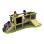 EYFS Tower 2. 3 children using the climbing tower. One child in a blue top is climbing the wall and 2 children are playing on the platform