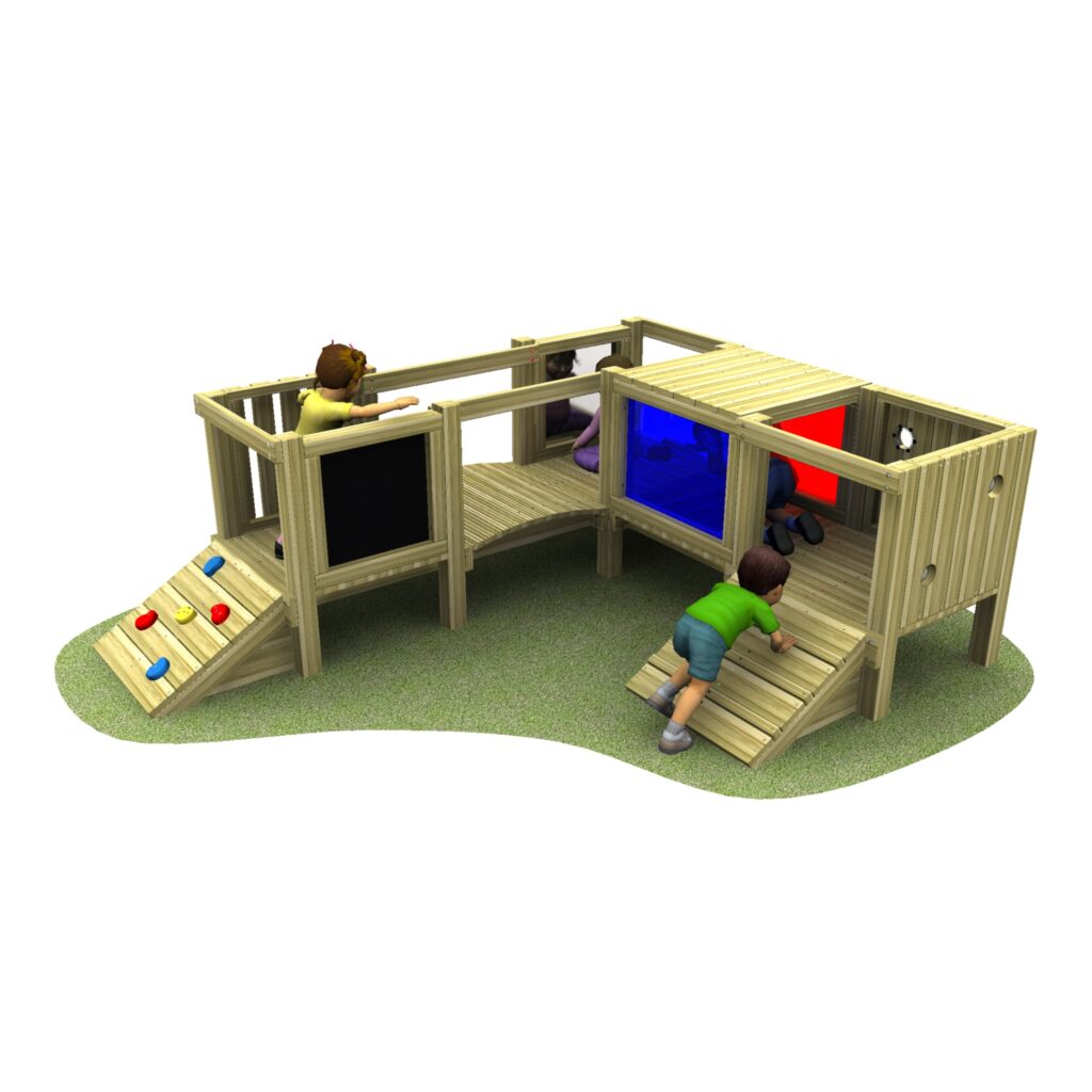 wooden climbing frame with climbing wall, pull up and sensory panels. Child in a green jumper climbing, other children on the deck