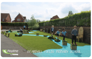 Beardall Fields Primary School – playground improvement ideas using trim trails and grass-topped play blocks for active learning.