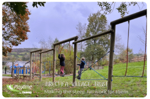 Brechfa Village Trust – creative playground ideas for small or sloped play spaces with timber trim trail and natural play area.