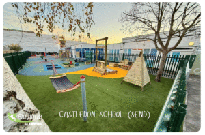Inclusive school playground ideas for SEND pupils with swings, sensory surfacing and imaginative play areas at Castledon School.