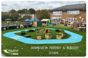Downsview Primary & Nursery School – EYFS playground ideas with grass-topped blocks, sand area and water play zone.