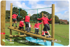 Lyngford Park Primary & Nursery – active play equipment ideas for schools with children climbing and balancing on timber trails.
