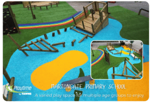 Martongate Primary School – colourful school playground design ideas featuring a ship-themed climbing frame, stepping logs, and bright surfacing for multi-age active play.