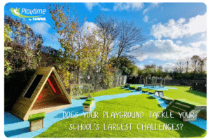 A modern outdoor playground with artificial grass, wooden play structures, and benches under a blue sky with scattered clouds. Text reads: “Playground Ideas for Primary Schools—does your playground tackle your school’s largest challenges?”.