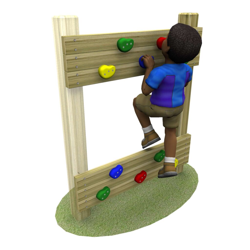 child in a blue jumper climbing the adjoining wall using the hand and foot holds